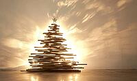 Minimalist Christmas tree silhouette made from natural wooden planks against a white wall. AI generated [IBR125167432]