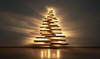 Minimalist Christmas tree silhouette made from natural wooden planks against a white wall. AI generated [IBR125167433]