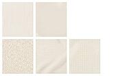 Five undyed pale fabric swatches in pentagon arrangement, different weave structures including cotton plain weave, polyester satin, wool boucle, nylon ripstop, rayon jersey, textile fiber identification reference material concept, white background, studio [IBR125167438]