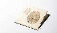 Blank postage stamp with perforated edges, latent fingerprint friction ridges visible as sepia-tone developed print on stamp surface, forensic evidence collection concept, white background, studio shot, AI generated [IBR125167452]