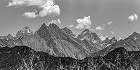 Summer in the Alps, mountain panorama from Fellhorn 2037 m, of the green grassy Höfats, 2259 m, Hochvogel in the back left, 2592 m, and on the right Kleiner Wilder, 2306 m, Allgäu Alps, Bavaria, Germany [IBR125173437]