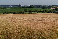 Wide fields and green hills with church and windmills on the horizon under clear sky, Billerbeck, North Rhine-Westphalia, Germany [IBR125173445]