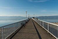 Jetty with a view of the Alps, moated castle am Lake Constance, Bavaria, Germany [IBR125173448]
