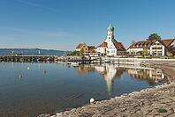 Port and Baroque Church of St. Georg, moated castle am Lake Constance, Bavaria, Germany [IBR125173457]