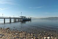 Jetty with a view of the Alps, moated castle am Lake Constance, Bavaria, Germany [IBR125173460]