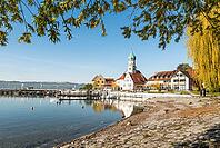 Port and Baroque Church of St. Georg, moated castle am Lake Constance, Bavaria, Germany [IBR125173461]