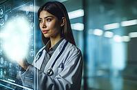A female doctor interacts with a futuristic digital hologram in a professional setting, AI generated [IBR125173463]