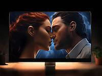 A dramatic close-up of a couple about to kiss, displayed on a screen with soft lighting, AI generated [IBR125173464]