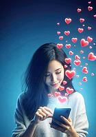 A woman on her smartphone surrounded by floating digital hearts against a blue backdrop, AI generated [IBR125173465]