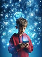 A boy with a smartphone amidst a sea of digital symbols on a glowing, blue background, AI generated [IBR125173466]