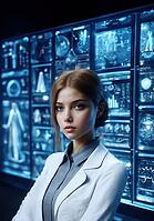 A woman stands before a futuristic digital display, wearing a lab coat, projecting a serious demeanor, AI generated [IBR125173467]