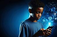 Boy concentrating on smartphone with digital symbols and blue futuristic background, AI generated [IBR125173468]