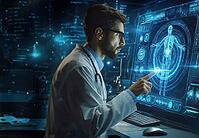 Doctor interacting with a futuristic holographic screen displaying a human anatomy diagram, AI generated [IBR125173469]