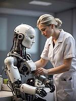 A scientist adjusts a humanoid robot in a lab setting, showcasing technological innovation, AI generated [IBR125173470]