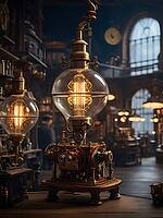 Steampunk-style lamp with warm glow in an ornately decorated vintage workshop setting, AI generated [IBR125173471]