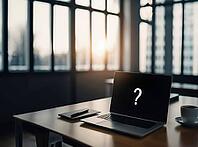 A modern office setting with a laptop displaying a question mark, sunlight streaming through large windows, AI generated [IBR125173472]