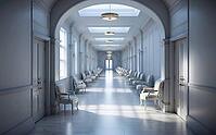 A long, elegant hallway with natural light streaming through skylights and a row of chairs along the wall, AI generated [IBR125173473]