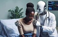 A robot in medical attire comforts a woman on a hospital bed, illustrating AI's supportive role in healthcare, AI generated [IBR125173474]