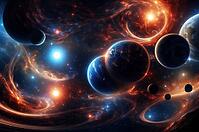 Celestial scene with swirling galaxies and glowing planets in a vibrant cosmic atmosphere, AI generated [IBR125173475]