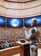 A humanoid robot presenting at a conference with a large audience and digital screens displaying an image of Earth, AI generated [IBR125173476]
