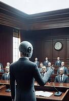 A humanoid robot standing in a courtroom facing a panel of judges during a formal proceeding, AI generated [IBR125173477]