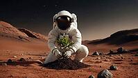 Astronaut planting and caring about a plant on planet Mars, AI generated [IBR125173478]