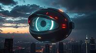 A futuristic floating eye-shaped object glowing against a cityscape at sunset, creating a sci-fi atmosphere, AI generated [IBR125173479]