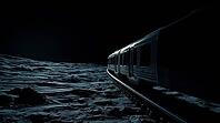 A train travels on the moon surface, solitary track under a dark, mysterious sky, AI generated [IBR125173480]