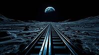 Railroad tracks stretch into the distance under a moonlit sky on the lunar landscape, planet earth in background, AI generated [IBR125173481]