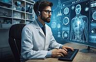 Doctor using a computer with a holographic medical interface displaying human anatomy in a modern office, AI generated [IBR125173483]