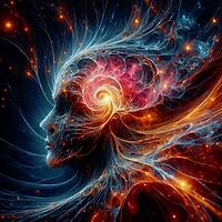 Abstract depiction of a face with neural and fiery patterns, evoking a surreal cosmic energy, AI generated [IBR125173484]