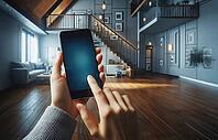 Hand holding a smartphone in a stylish and modern living room with a staircase and minimalistic decor, AI generated [IBR125173485]