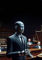 A robot in a courtroom setting, appearing formal and futuristic, possibly engaging in legal proceedings, AI generated [IBR125173486]