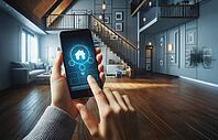 A person uses a smartphone to control smart home features in a stylish, modern interior, AI generated [IBR125173487]