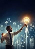 Man reaching for illuminated light bulb symbolizing innovation and creativity against a tech background, AI generated [IBR125173489]