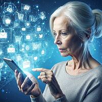 Elderly woman engaging with smartphone surrounded by digital symbols in a blue tech environment, AI generated [IBR125173490]