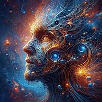 Futuristic, abstract depiction of a face with swirling patterns and cosmic elements, AI generated [IBR125173491]