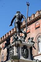 Bronze sculpture, trident, mythological figures, baroque architecture, Fontana del Nettuno, Piazza del Nettuno, Bologna, Emilia-Romagna, Italy [IBR125177938]