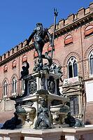 Bronze sculpture, marble base, trident, mythological figures, baroque architecture, Fontana del Nettuno, Piazza del Nettuno, Bologna, Emilia-Romagna, Italy [IBR125177939]
