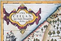 Old coloured map of Ceylon or Sri Lanka decorated with decorative cartouche, by Jodocus Hondius from the Mercator Hondius Atlas, Amsterdam, 1633 [IBR125177953]