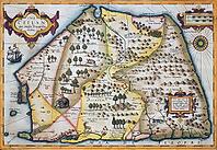Old coloured map of Ceylon or Sri Lanka decorated with an elephant, a deer, a fox, sailing ship, compass rose and three decorative cartouches, by Jodocus Hondius from the Mercator Hondius Atlas, Amsterdam, 1633 [IBR125177955]