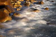 Stones, pebbles, pebbles, washed by water, waves, spray, motion effect, long exposure, evening light, Cot Valley Beach, Porth Nanven, also beach of dinosaur eggs, coast, St Just in Penwith, Cornwall, England, Great Britain, Great Britain [IBR125177968]
