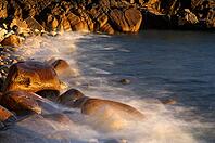 Stones, pebbles, pebbles, washed by water, waves, spray, motion effect, long exposure, evening light, Cot Valley Beach, Porth Nanven, also beach of dinosaur eggs, coast, St Just in Penwith, Cornwall, England, Great Britain, Great Britain [IBR125177978]