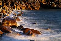 Stones, pebbles, pebbles, washed by water, waves, spray, motion effect, long exposure, evening light, Cot Valley Beach, Porth Nanven, also beach of dinosaur eggs, coast, St Just in Penwith, Cornwall, England, Great Britain, Great Britain [IBR125177985]
