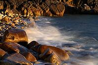 Stones, pebbles, pebbles, washed by water, waves, spray, motion effect, long exposure, evening light, Cot Valley Beach, Porth Nanven, also beach of dinosaur eggs, coast, St Just in Penwith, Cornwall, England, Great Britain, Great Britain [IBR125177992]