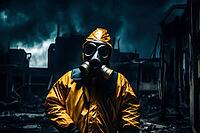 Man in hazmat suit and gas mask walking in a city after an apocalyptic event, AI generated [IBR125180402]