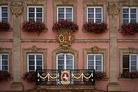 Balcony with unicorn in city coat of arms Town Hall, Schwäbisch Gmünd, Baden-Württemberg, Germany [IBR125183151]