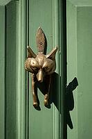 Light green, coffered door with fox shaped brass door knocker and house number 33, Chelsea, London, Great Britain, England, Great Britain [IBR125183184]