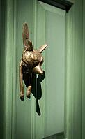 Light green, coffered door with fox shaped brass door knocker and house number 33, Chelsea, London, Great Britain, England, Great Britain [IBR125183197]
