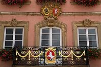 Balcony with unicorn in city coat of arms Town Hall, Schwäbisch Gmünd, Baden-Württemberg, Germany [IBR125183200]